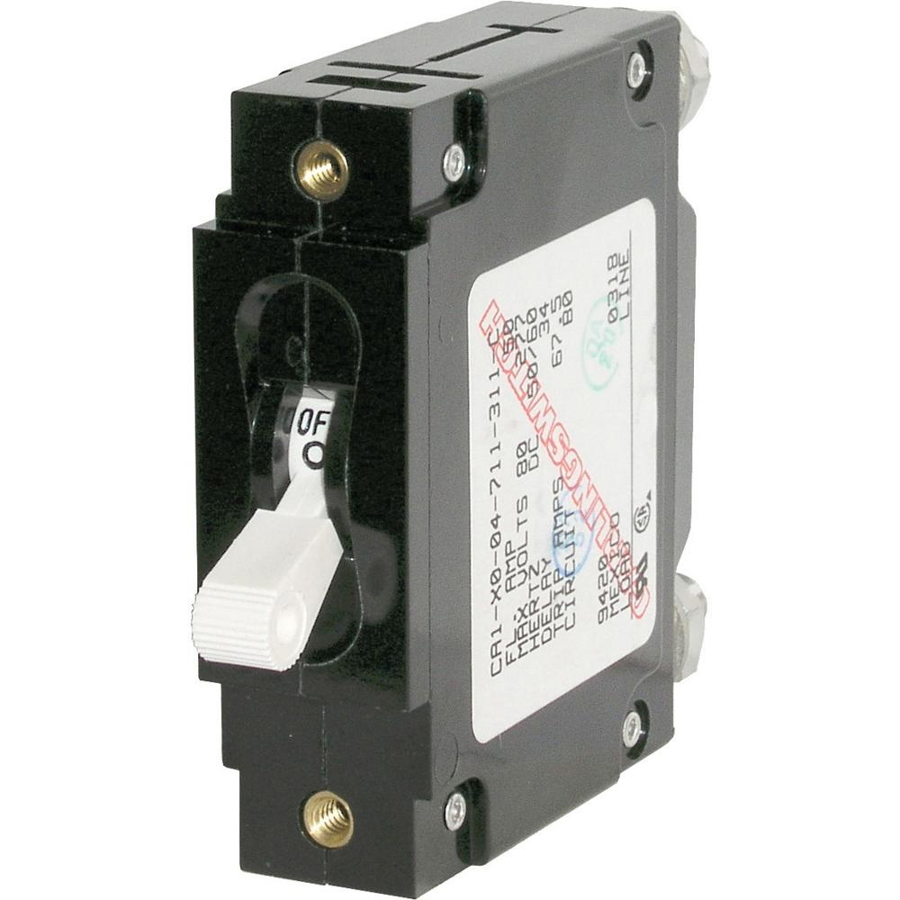 Single-pole circuit breaker, toggle switch, black housing.