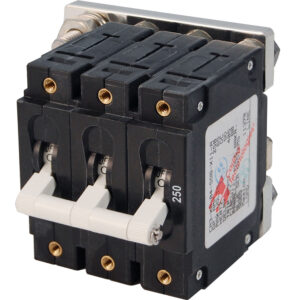 Three-pole circuit breaker with toggle switch.