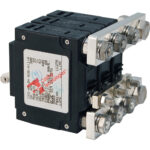 Industrial circuit breaker with metal connections.