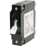 Electrical circuit breaker, black and white, on position.