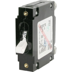Electrical circuit breaker, black and white, on position.