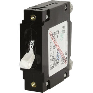 Black electrical circuit breaker with switch and label.