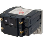 150A circuit breaker switch, black with gold connectors.