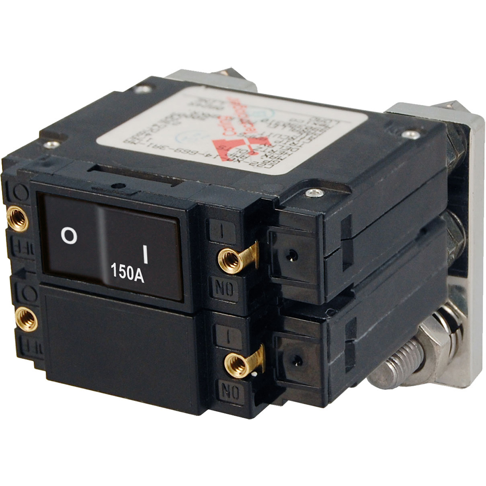 150A circuit breaker switch, black with gold connectors.