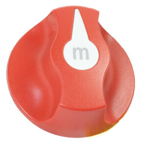 Red knob with white center and 'm' label.