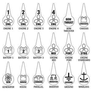 Boat switch panel labels for various systems.