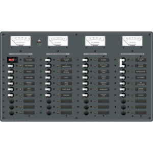 Industrial control panel with volt and amp meters.