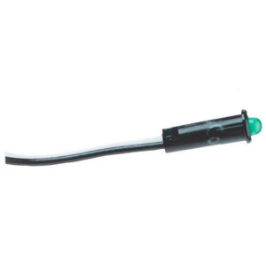 Green LED indicator light with black wire connector.