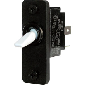 Black toggle switch with white lever, close-up view.