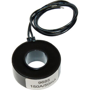 Circular current transformer with a cable attached.