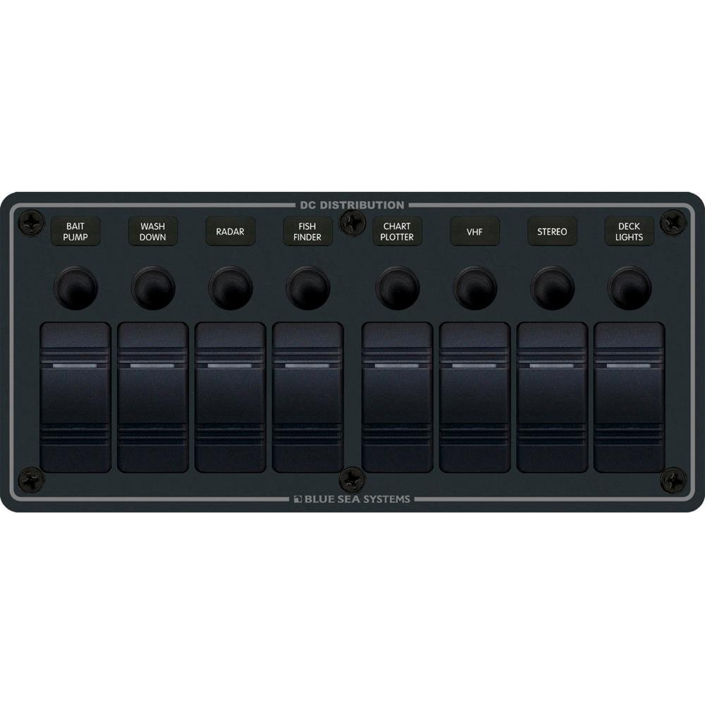 DC distribution panel with labeled switches.