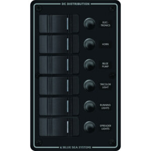 Marine electrical panel with labeled switches
