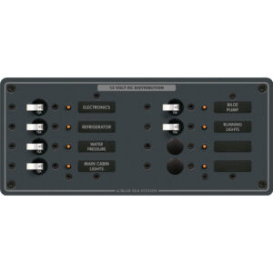 12V DC distribution panel with labeled switches.
