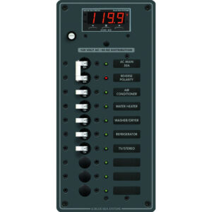 120 volt AC distribution panel with circuit breakers.