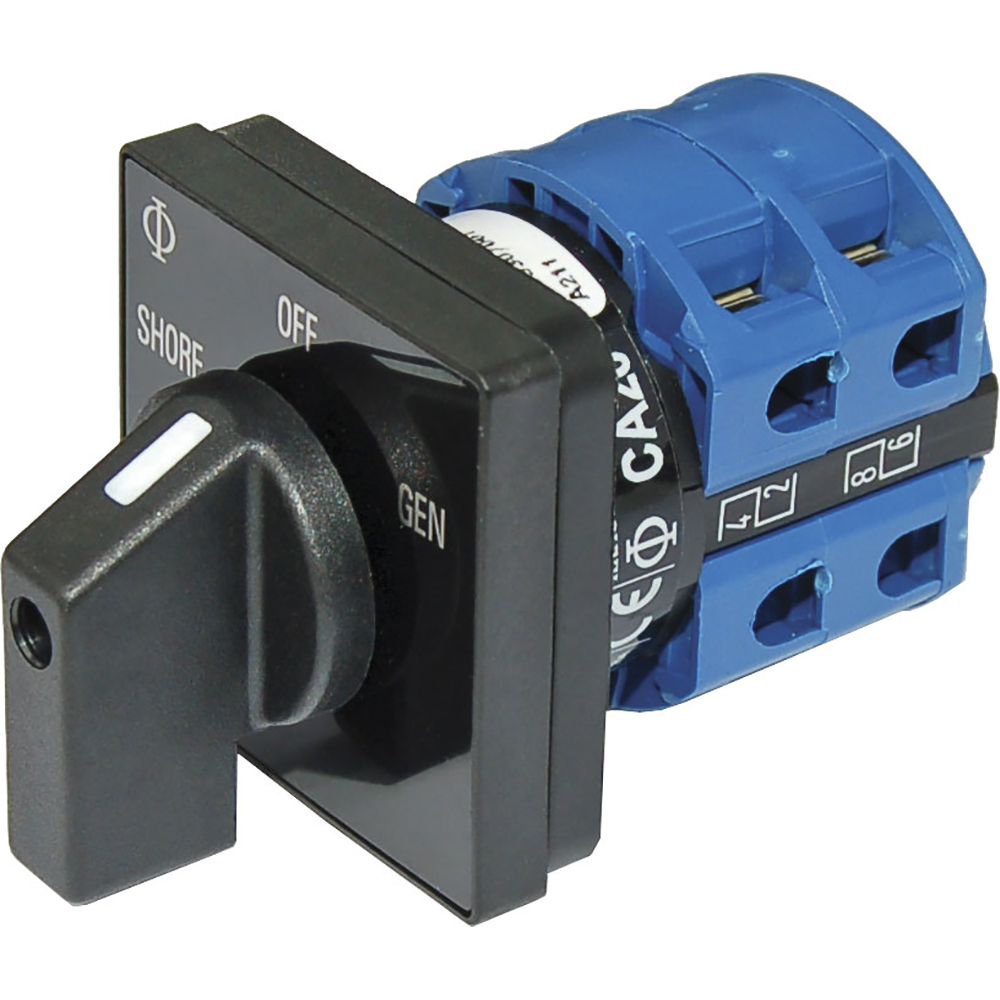 Blue rotary switch with 'Shore, Off, Gen' labels.