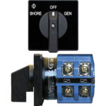 Manual transfer switch with shore, off, gen options.