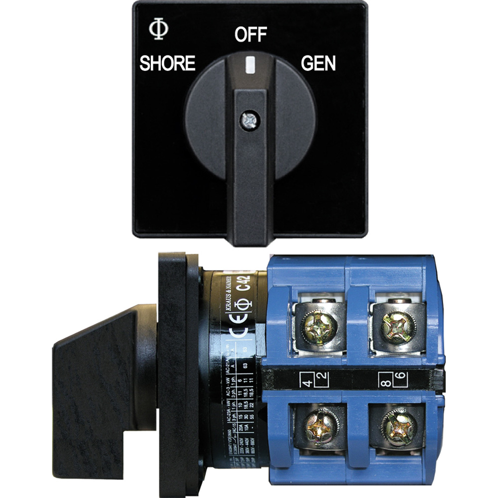 Manual transfer switch with shore, off, gen options.