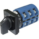 Rotary switch with blue terminals and black knob.