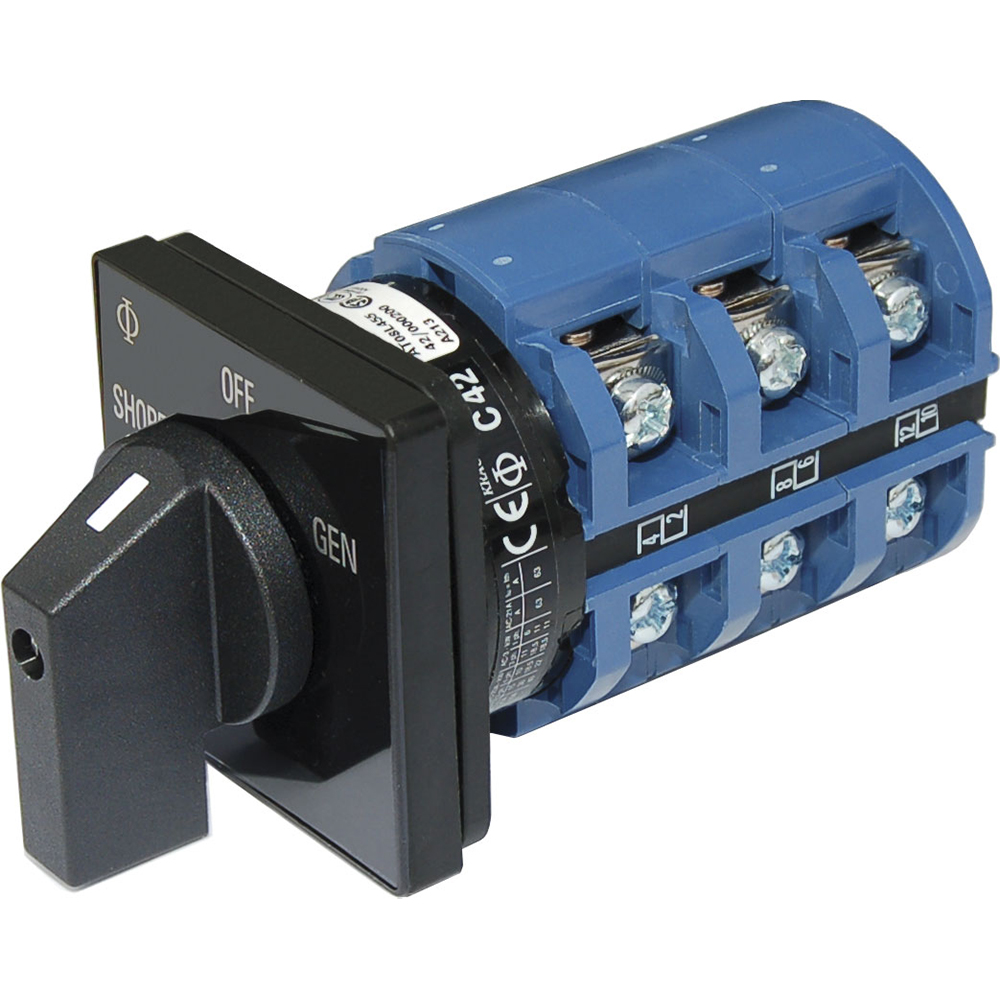 Rotary switch with blue terminals and black knob.