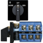 Electrical switch with shore, off, gen settings.