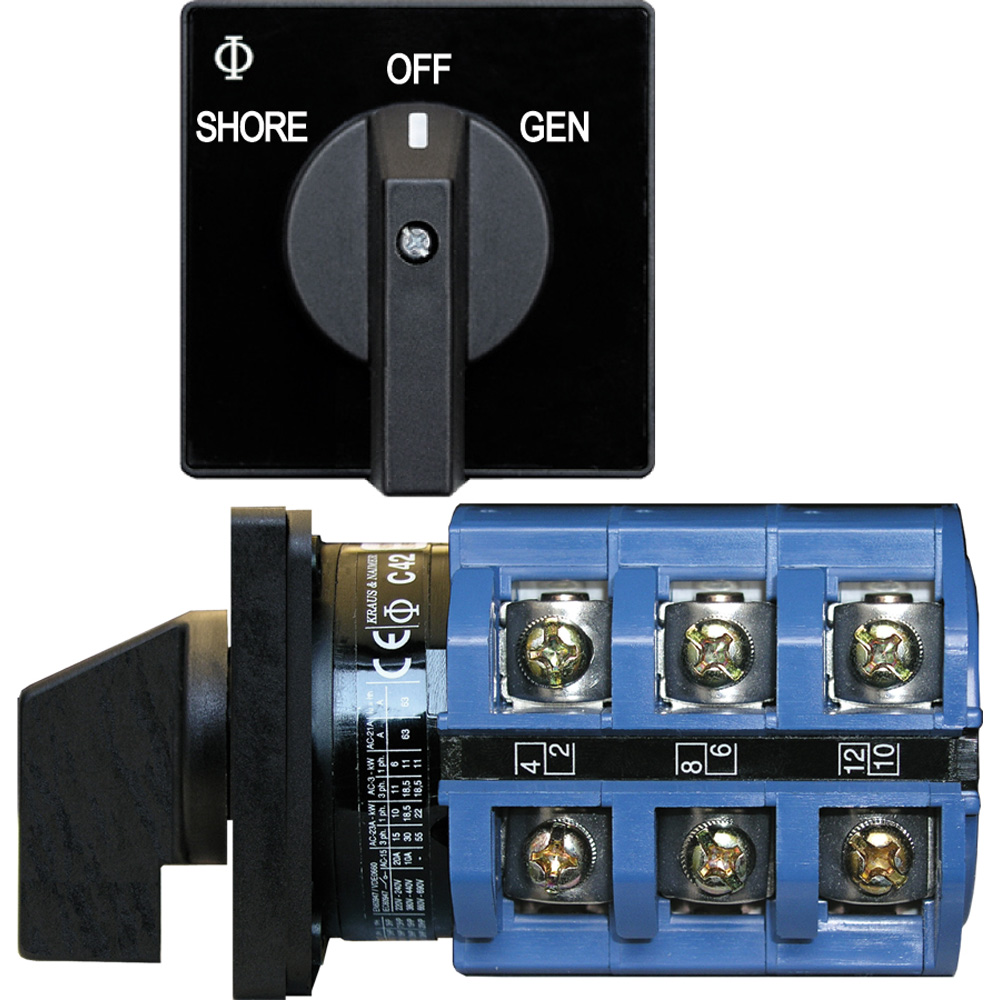 Electrical switch with shore, off, gen settings.