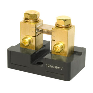 Gold-plated electrical current shunt, 100A capacity.