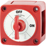Red battery switch with on and off labels
