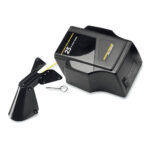Black electric fence charger with key and bracket