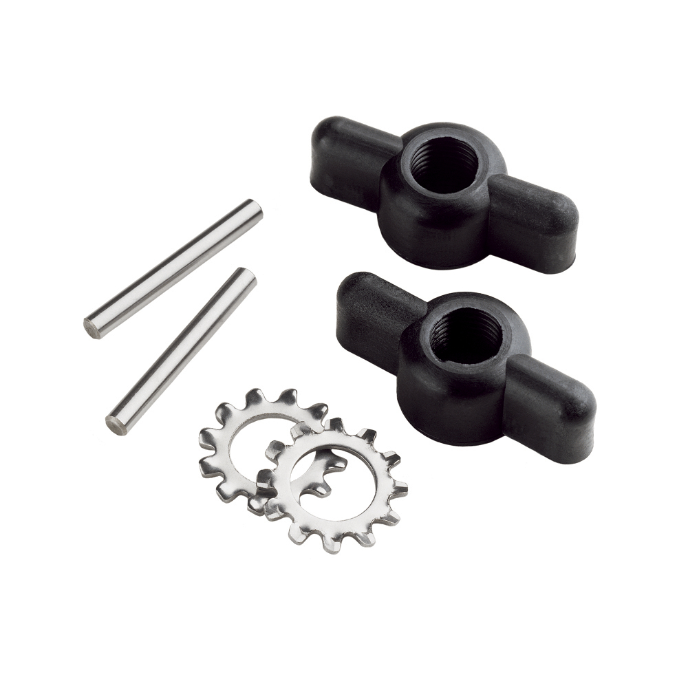 Black plastic knobs and metal pins together
