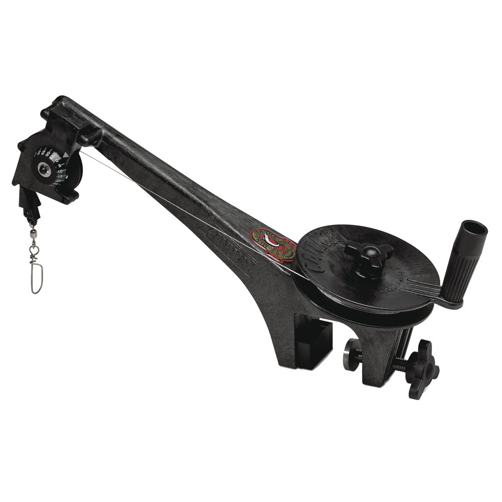 Fishing reel mount with adjustable arm, black color.