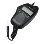 Digital moisture meter with probe and display.