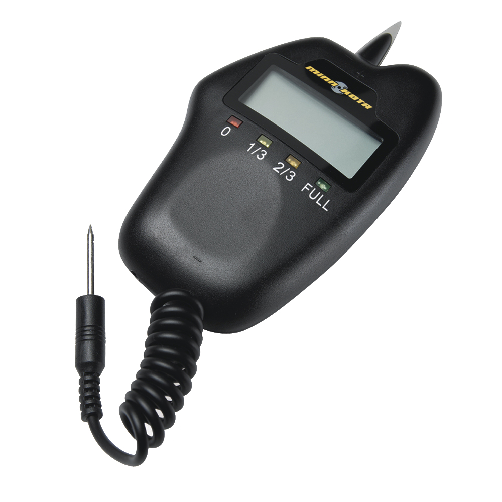 Digital moisture meter with probe and display.