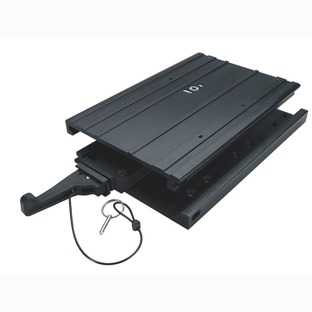 Black adjustable slide rail with locking mechanism.