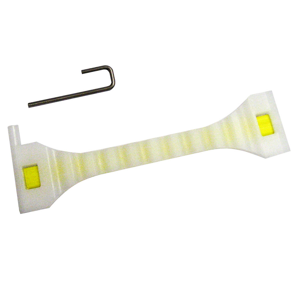 Plastic strip with metal hook.