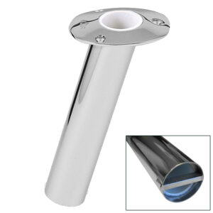 Stainless steel boat rod holder with angled base.