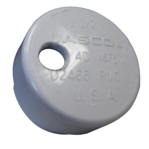 White pipe cap with embossed text and hole.