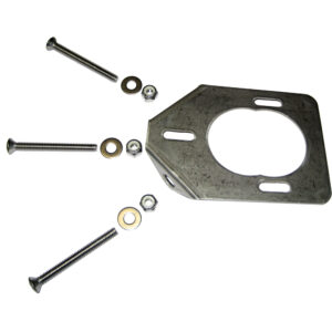 Metal mounting bracket with screws and nuts.