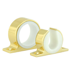 Gold curtain rod brackets, mounted style.