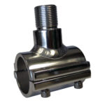 Stainless steel pipe fitting with threaded connection.