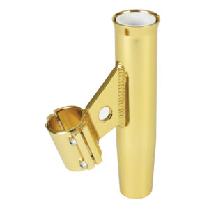 Gold fishing rod holder with clamp attachment.