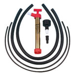 Manual bilge pump with hoses and fittings.