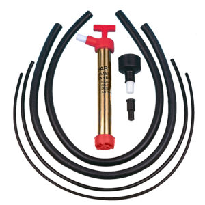 Manual bilge pump with hoses and fittings.