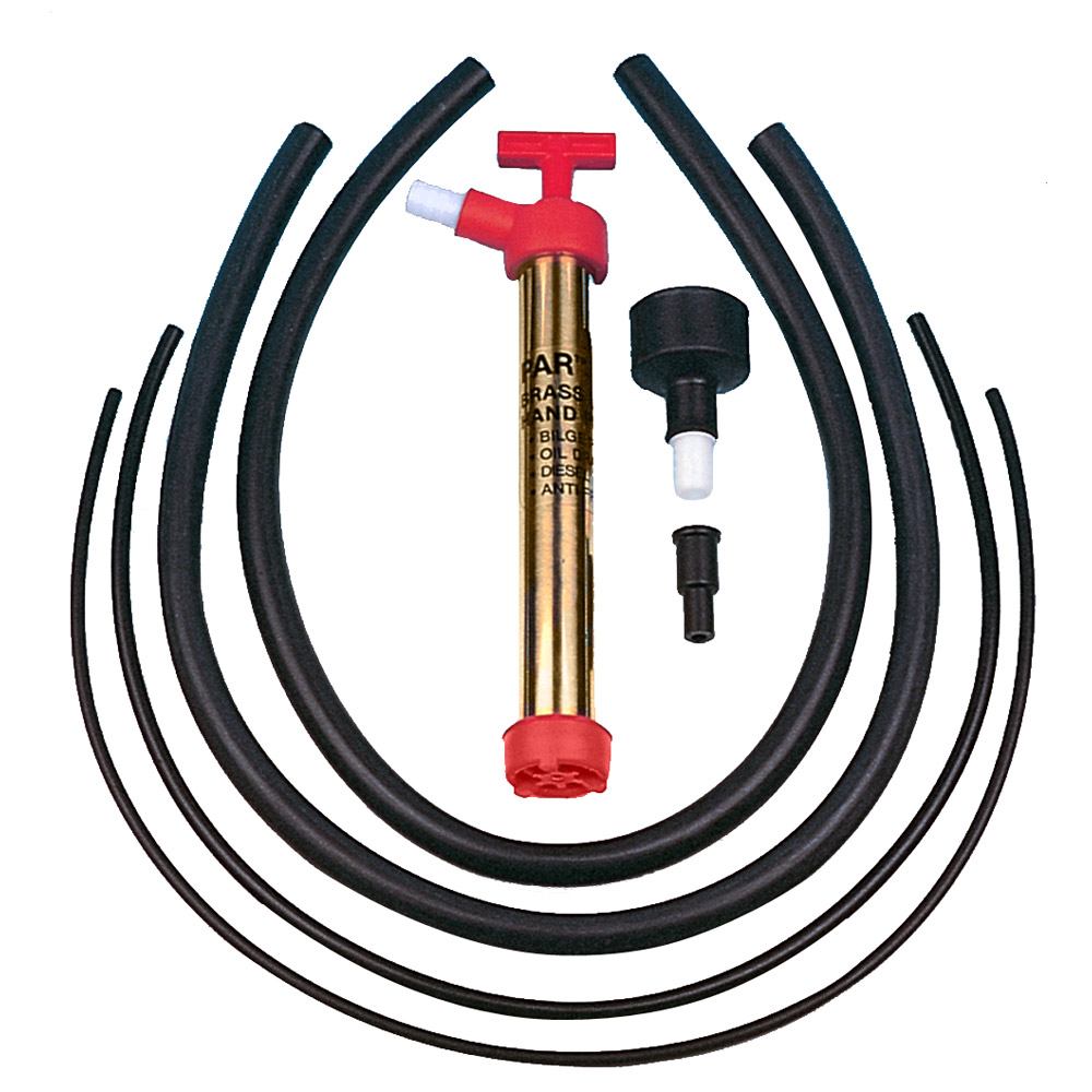 Manual bilge pump with hoses and fittings.