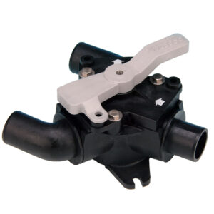 Black industrial valve with handle and connectors.