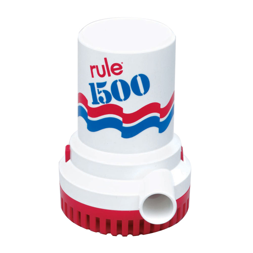 Rule 500 bilge pump with red, white, blue design.