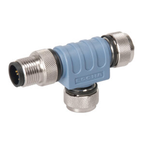 Blue T-connector for industrial wiring