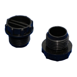 Black plastic threaded plugs for sealing applications.