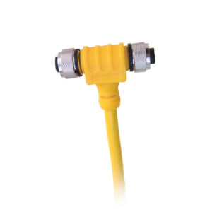 Yellow T-connector cable with metal ends.