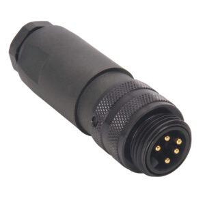 Black audio connector plug with gold pins.