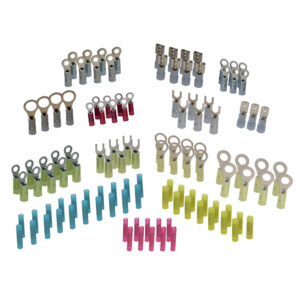 Assorted electrical wire connectors in various types and colors.